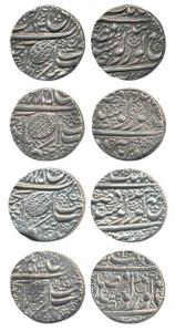 Ranjit Singh, Silver Rupee (4), Amritsar Mint, Nanakshahi couplet, VS 1884, 1885, 1890 and