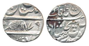 Multan Mint, Silver Rupee, 11.12g, Nanakshahi couplet, VS 1879, (KM 85). About Extremely F