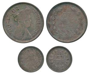 Sayaji Rao III, Silver Rupee and 4 Annas, Broad flan, VS1949 (1892 AD), (KM Y34 & 36). Ver