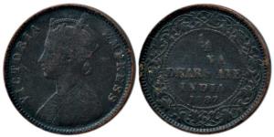 Victoria Empress, Copper ¼ Anna, 1887, Calcutta Mint. Fine+, Rare.