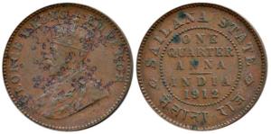 George V, Bronze ¼ Anna, 1912, Calcutta Mint. Very Fine+, Scarce.
