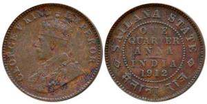 George V, Bronze ¼ Anna, 1912, Calcutta Mint. Very Fine+, Scarce.