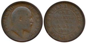 Edward VII, Bronze ¼ Anna, 1908, Calcutta Mint. Fine+, Scarce.