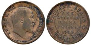 Edward VII, Bronze ¼ Anna, 1908, Calcutta Mint. Very Fine, Scarce.