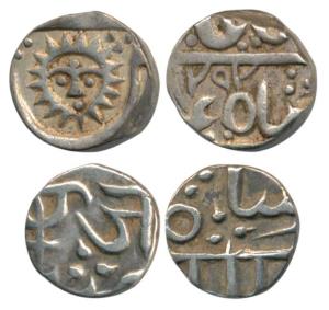Silver 1/8 Rupee (2), Gwalior, Jayaji Rao, Lashkar Mint, (KM 148); Indore, Tukoji Rao II, 