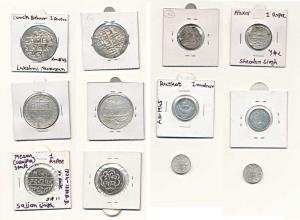 Silver (6), Rajkot restrike of a Mohur; Mewar Rupee (2); Kutch Jai Hind Kori; Alwar Rupee,