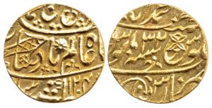 Muhammadabad Banaras Mint, Gold Mohur, 10.85g, in the name of Shah Alam II, fish, sun-burs