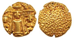 3 Swami Gold Pagoda, 3.43g, Lord Balaji with his consorts on either sides, standing facing