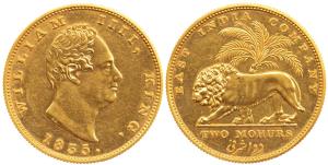 William IV, Gold 2 Mohurs, 1835, Calcutta Mint, R. S. initials incused on truncation on ob