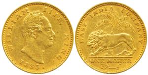 William IV, Gold Mohur, 1835, Calcutta Mint, R. S. initials incused on truncation on obv.,