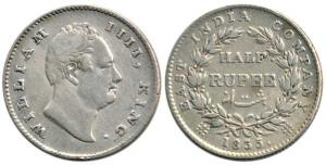 William IV, Silver ½ Rupee, 1835, Calcutta Mint, RS incuse, 20 Berries, Die rotate. About 