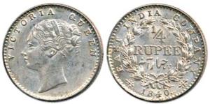 Victoria Queen, Silver ¼ Rupee, 1840, Calcutta Mint, continuous legend, Indian head, 34 Be