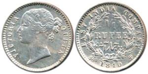 Victoria Queen, Silver ¼ Rupee, 1840, Calcutta Mint, divided legend, WW raised, 10 Berries