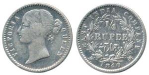 Victoria Queen, Silver ¼ Rupee, 1840, Calcutta Mint, divided legend, obv. WW raised, rev.1