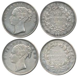 Victoria Queen, Silver Rupee (2), 1840, continuous legend, English head (short neck), 19 B