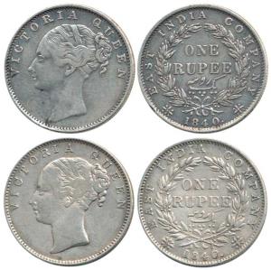 Victoria Queen, Silver Rupee (2), 1840, continuous legend, English head (short neck), 19 B