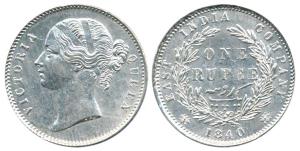 Victoria Queen, Silver Rupee, 1840, divided legend, obv. WW raised, rev. 28 Berries. Extre