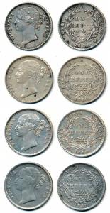 Victoria Queen, Silver Rupee (4), 1840, divided legend, WW raised, 28 Berries. Fine+ to Ve