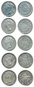 Victoria Queen, Silver Rupee (5), 1840, divided legend, WW raised (4), WWB raised, all 28 