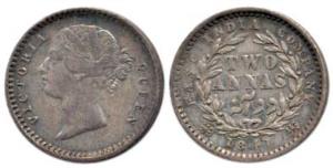Victoria Queen, Silver 2 Annas, 1841, Madras Mint, divided legend, 'S' incuse, WW raised. 
