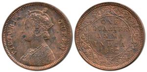 Victoria Queen, Copper ¼ Anna, 1862, Calcutta Mint, obv. A/ rev. I. About Uncirculated, Sc
