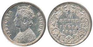 Victoria Queen, Silver ¼ Rupee, 1862, Calcutta Mint, obv. A, rev. I. Very Fine, Scarce.