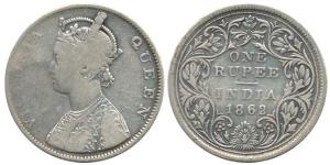 Victoria Queen, Silver Rupee, 1862, Madras Mint, B / II / 0 / 0, 1 Pineapple type variety.