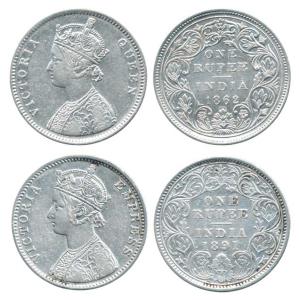 Victoria Queen and Empress, Silver Rupee (2), 1862, AII/0/6, Bombay Mint; 1891 obv. C3, re