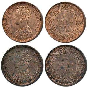Victoria Empress, Copper 1/12 Anna (2), 1883, Bombay Mint and 1894, Calcutta Mint. About U