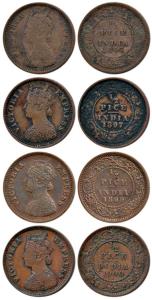 Victoria Empress, Copper ½ Pice (4), 1895, 1897, 1899 and 1900, Calcutta Mint. About Very 
