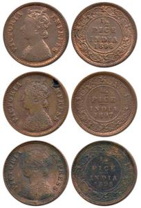 Victoria Empress, Copper ½ Pice (3), 1896, 1897 and 1898, Calcutta Mint. Very Fine to Extr