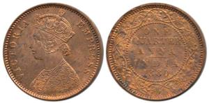 Victoria Empress, Copper ¼ Anna, 1880, Calcutta Mint, 'C' incuse. About Uncirculated, Rare