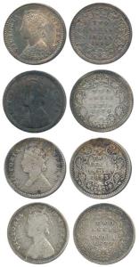 Victoria Queen and Empress, Silver 2 Annas (4), 1874, 1877, 1893 and 1896. Fine+ to About 