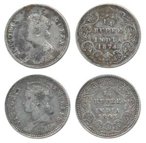 Victoria Queen and Empress, Silver ¼ Rupee (2), 1874, Calcutta Mint, A/I and 1893, Calcutt