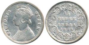 Victoria Queen, Silver ¼ Rupee, 1876, Calcutta Mint, obv. A, rev. I. About Very Fine, Scar