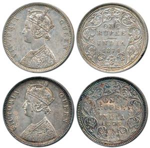 Victoria Queen, Silver Rupee (2), 1874, Bombay Mint, A2/II/ no dot; 1875, Calcutta Mint, A