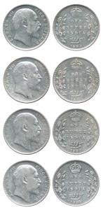 Edward VII, Silver Rupee (4), 1904, 1906, 1907 and 1908, Bombay Mint, 'B' incuse. Very Fin
