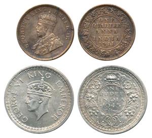 George V and VI, Copper ¼ Anna 1911, Calcutta Mint, obv. pig type; Half Silver Rupee, 1945