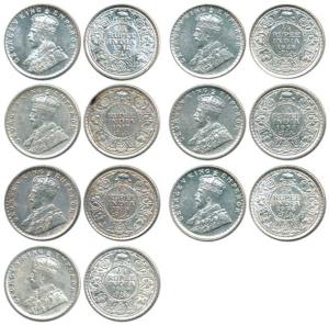 George V, Silver ¼ Rupee (7), 1912, Bombay Mint, 1917, Calcutta Mint, 1918, Calcutta Mint,