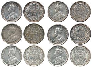 George V, Silver ½ Rupee (6), 1914, 1919, 1925,1928, 1933 and 1936, Bombay Mint except 193
