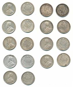 George V, Silver Rupee (9), 1912 Bombay Mint, 1913 Calcutta Mint, 1914 Calcutta Mint, 1915