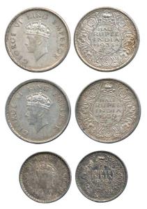 George VI, Silver (3) ½ Rupee and ¼ Rupee, 1938, 1939 and 1939 Bombay Mint, Head Type I. V