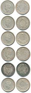 George VI, Half Silver Rupee (6), 1940, 1941, 1942, 1943, 1944 and 1945, Bombay Mint. Very