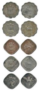 Nickel (5), Anna 1950 (2); ½ Anna, 1950, 1954, and 1955, all Bombay Mint. About Very Fine 