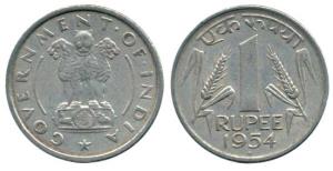 Nickel Rupee, 1954, Bombay Mint. Rare, Very Fine+.