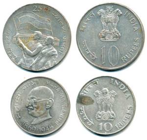 Silver Rupees 10, 1969, Gandhiji Birth Centennial; Rupees 10, 1972, 25th Anniversary India