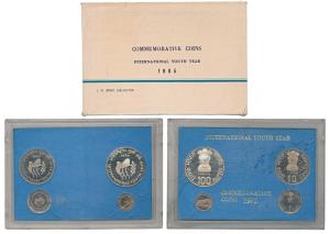1985 Proof set, International Youth Year, Rupees 10, 50 and 100. Within original packaging
