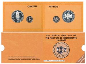 2007 Proof set, First War of Independence, set of 2 pcs., Rupees 5 and 100. Within origina