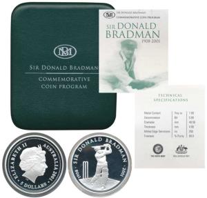 Australia, Sir Donald Bradman (1908-2001), Proof Silver $5, 36.3g, 2001, (KM 761). Proof i