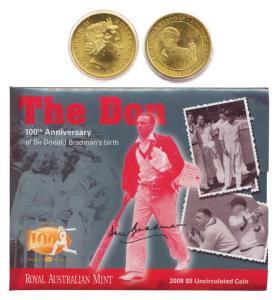 Australia, Sir Donald Bradman (1908-2001 AD), Aluminum Bronze $5, 2008. (KM 589). Uncircul